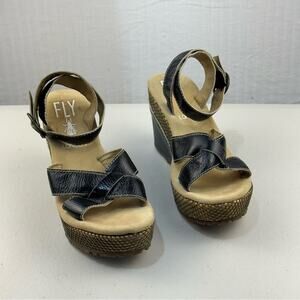 Fly London Black Leather Strappy Wedge Heel Sandals Women’s Size 6.5 EUR 37